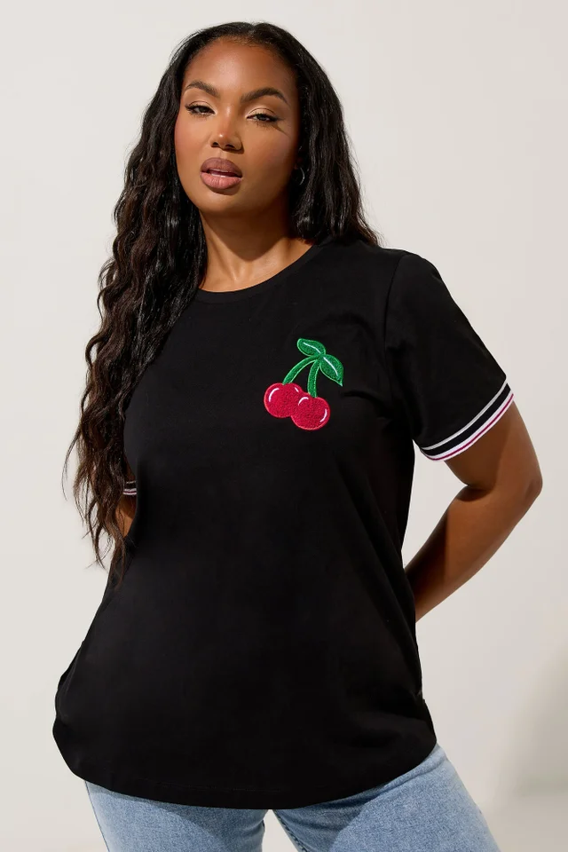 Yours Curve Black Cherry Varsity Trim T-Shirt