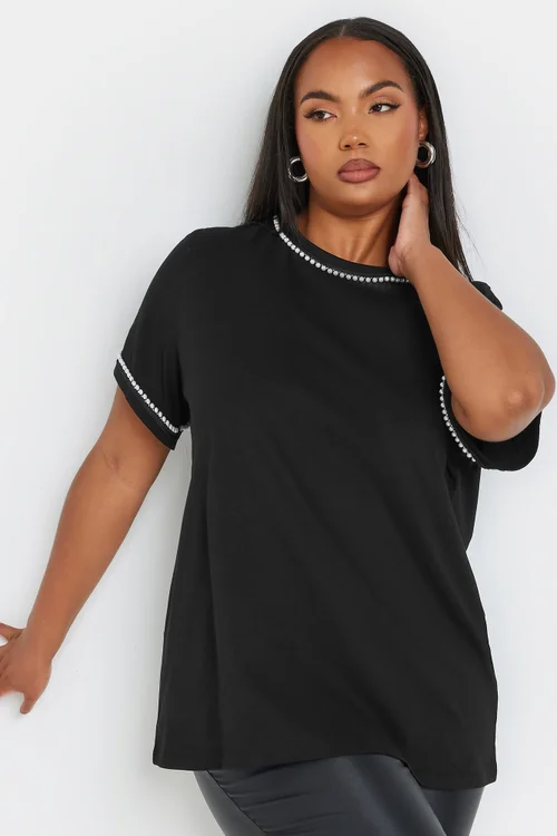 Yours Curve Black Pearl Trim T-Shirt - Size 20 Image 1