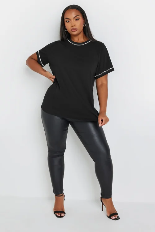 Yours Curve Black Pearl Trim T-Shirt - Size 20 Image 2