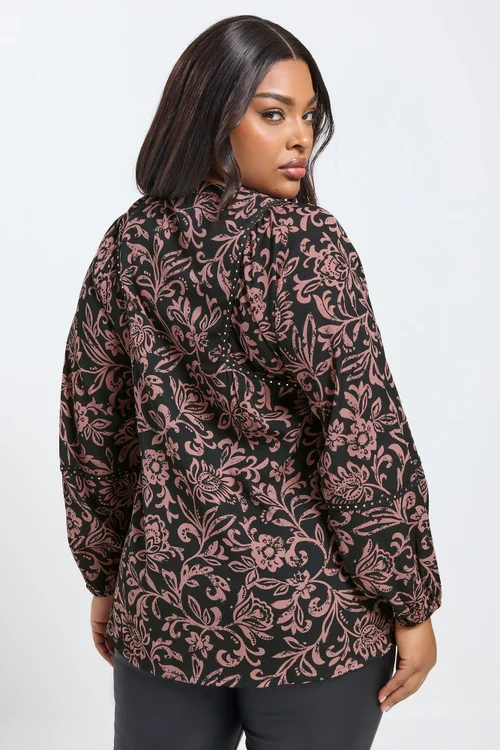 Yours Curve Brown Floral Print Studded Overhead Blouse - Size 22-24 Image 3