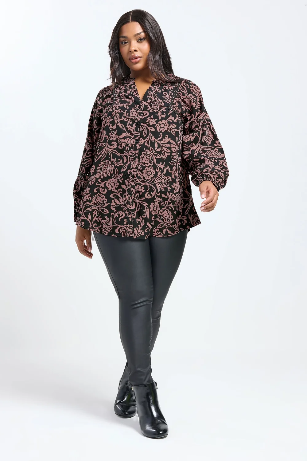 Yours Curve Brown Floral Print Studded Overhead Blouse - Size 22-24 Image 2
