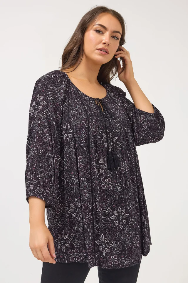 Yours Curve Black Paisley Tie Neck Top