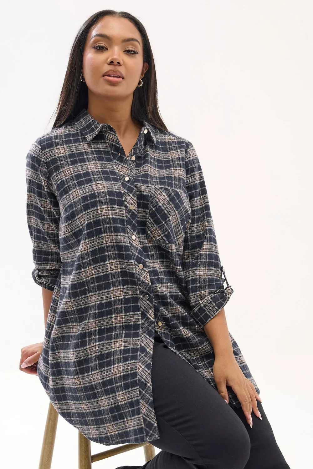Yours Curve Navy Blue Check Boyfriend Shirt - Size 22-24 Image 1