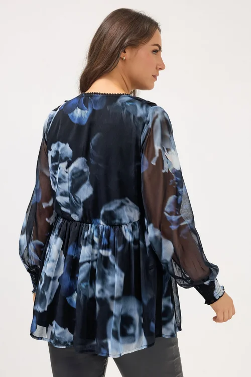 Yours Curve Black Blurred Floral Tie Front Blouse - Size 22-24 Image 3