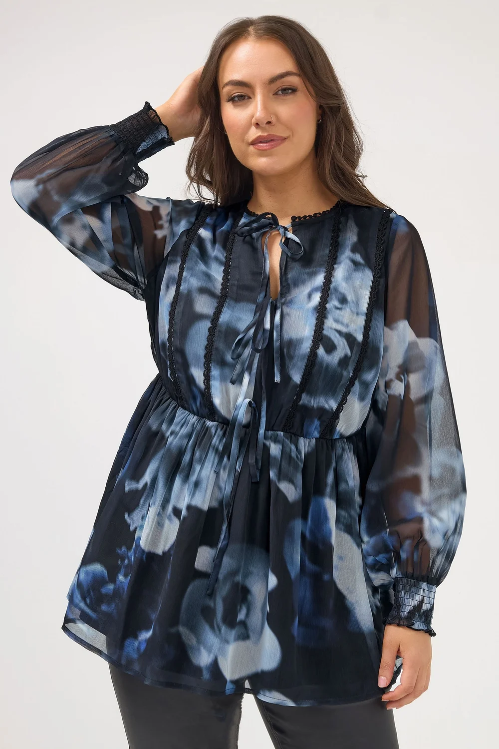 Yours Curve Black Blurred Floral Tie Front Blouse - Size 22-24 Image 1