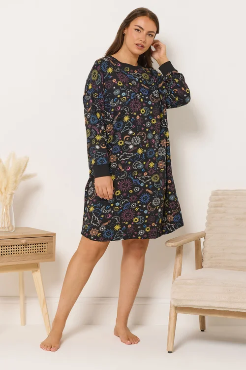 Yours Curve Black Celestial Long Sleeve Nightdress - Size 30-32 Image 2
