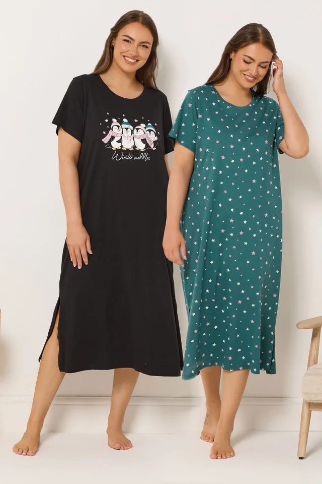 Yours Curve 2 Pack Black 'Winter Cuddles' Midaxi Nightdresses