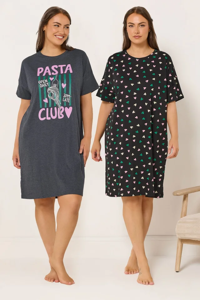 Yours 2 Pack Curve Grey 'Pasta Club' Sleep Tee Nightdresses