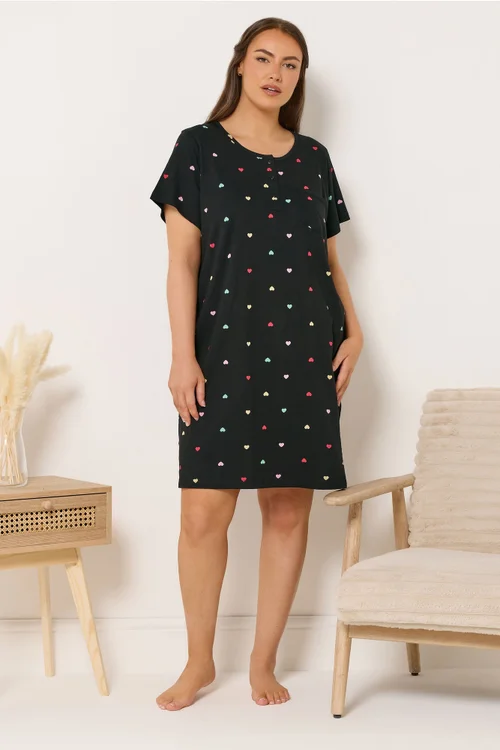 Yours Curve Black Heart Placket Nightdress - Size 30-32 Image 1