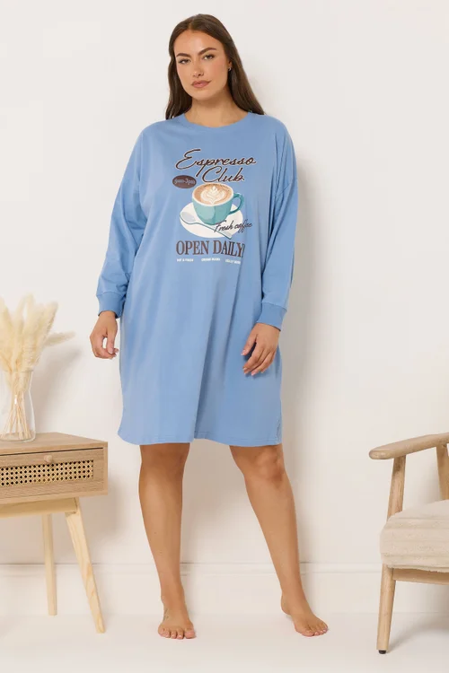 Yours Curve Blue 'Espresso Club' Long Sleeve Nightdress - Size 26-28 Image 2