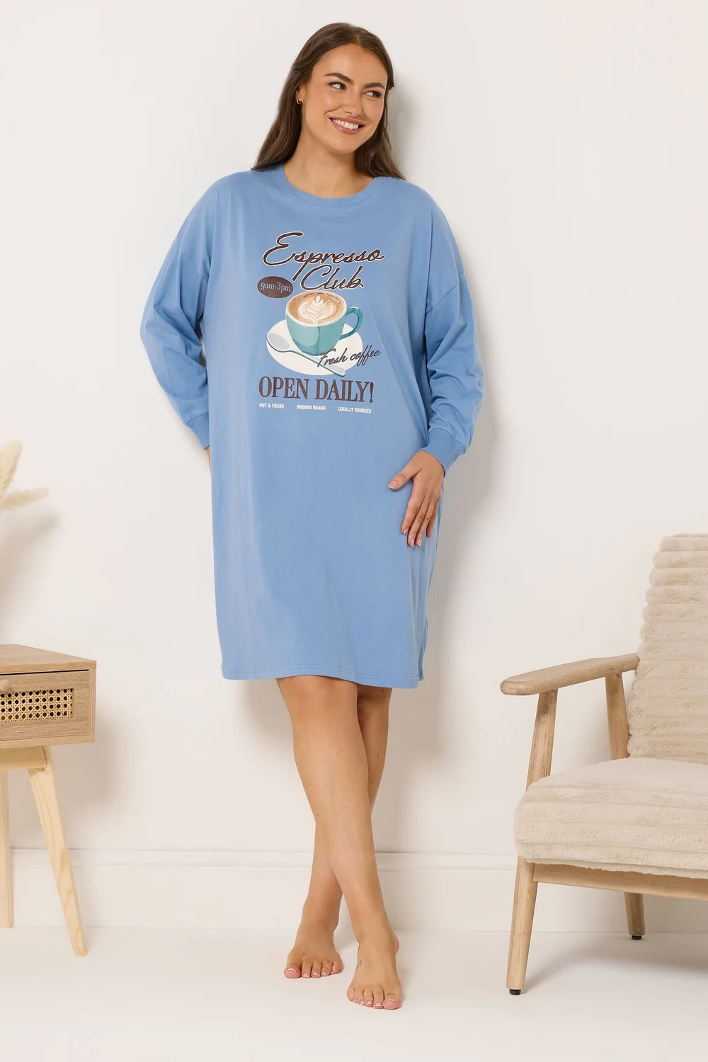 Yours Curve Blue 'Espresso Club' Long Sleeve Nightdress - Size 26-28 Image 1
