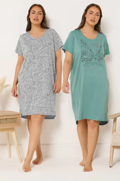 Yours Curve 2 Pack Green Paris Scene Nightdresses - Size 26-28 Image 1