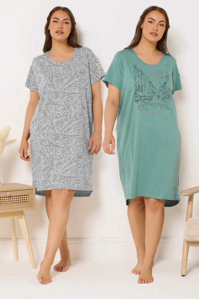 Yours Curve 2 Pack Green Paris Scene Nightdresses