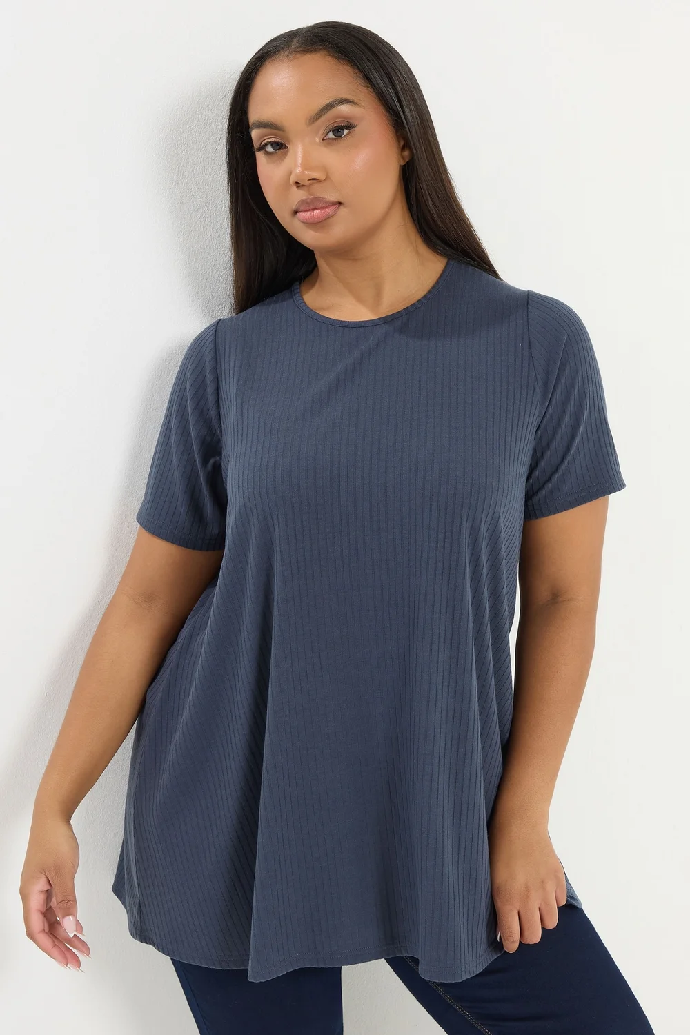 Yours Curve Slate Grey Ribbed Swing Top - Size 14 Image 1