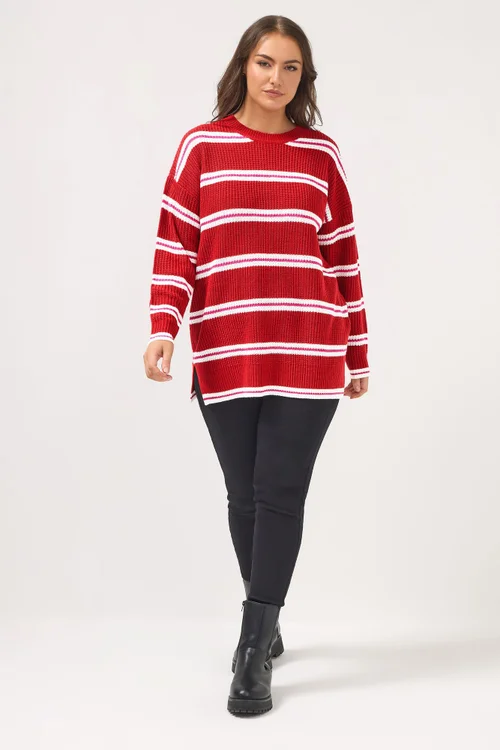 Yours Curve Red Stripe Drop Shoulder Knitted Jumper - Size 30-32 Image 2