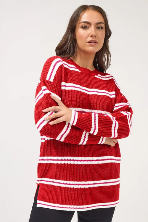 Yours Curve Red Stripe Drop Shoulder Knitted Jumper - Size 30-32 Image 1
