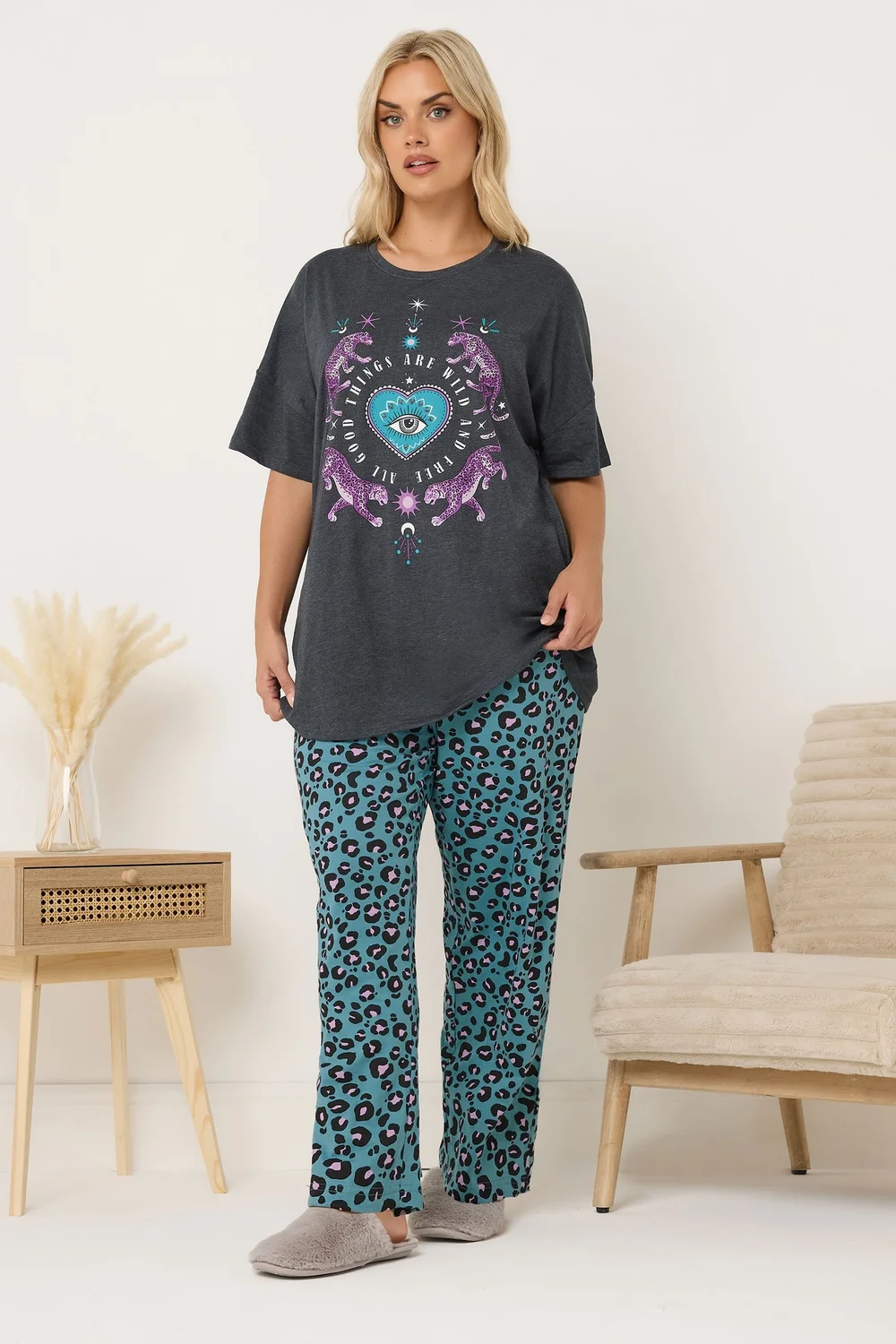 Yours Curve Charcoal Grey 'Wild And Free' Leopard Wide Leg Pyjama Set - Size 34-36 Image 2