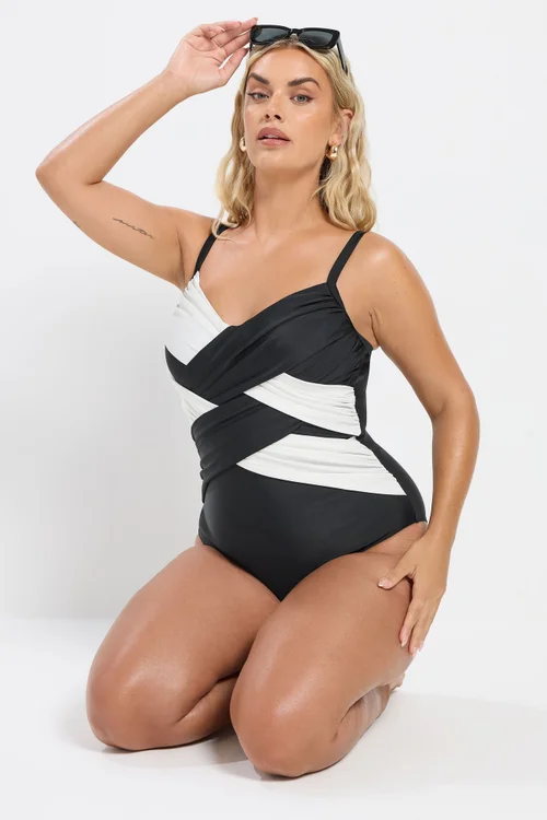 Yours Curve Black & White Contrast Super Sculpt Swimsuit - Size 24 Image 3