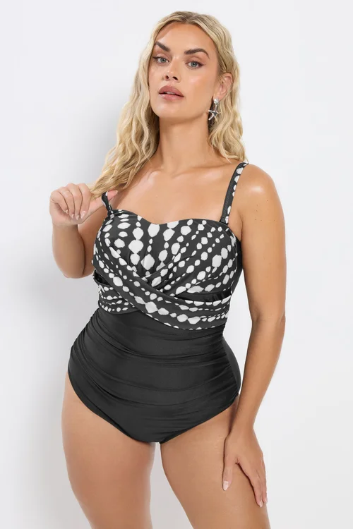 Yours Curve Black Crossover Spot Print Swimsuit - Size 14 Image 2