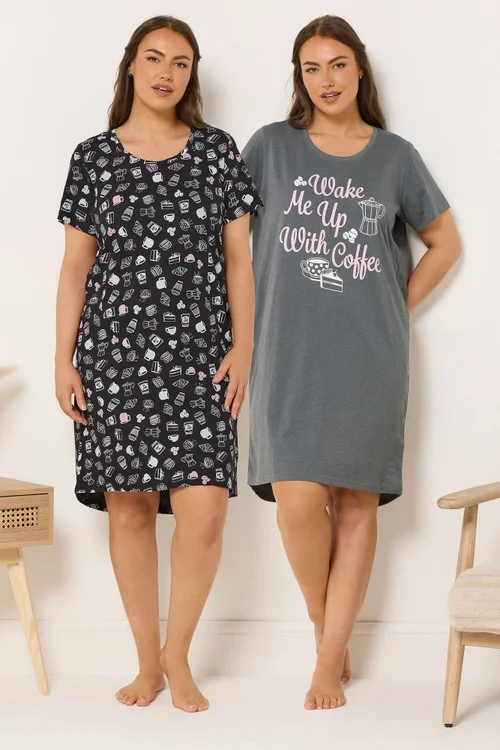 Yours 2 Pack Curve Grey 'Wake Me Up With Coffee' Nightdresses - Size 26-28 Image 1