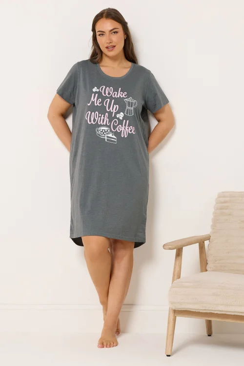 Yours 2 Pack Curve Grey 'Wake Me Up With Coffee' Nightdresses - Size 26-28 Image 2