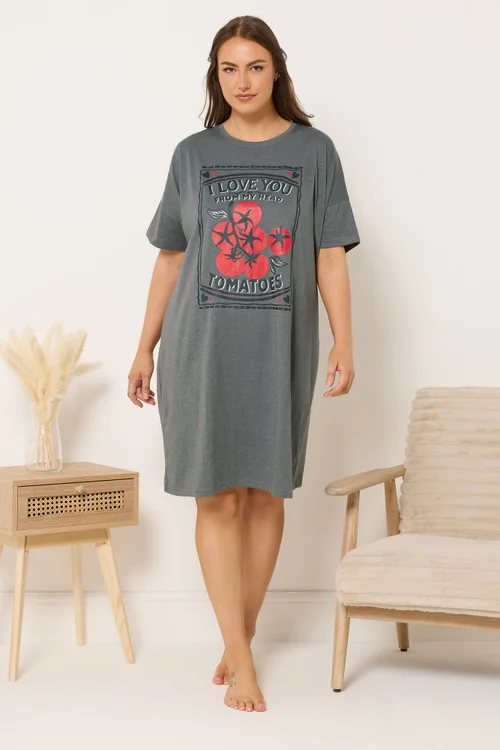 Yours Curve Grey 'I Love You From My Head Tomatoes' Nightdress - Size 14-16 Image 2