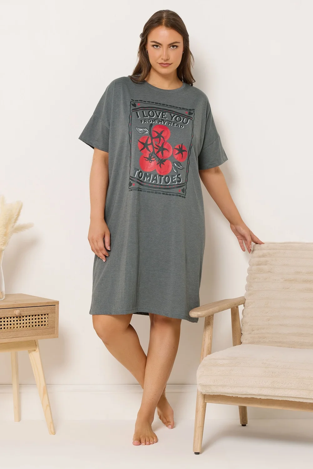 Yours Curve Grey 'I Love You From My Head Tomatoes' Nightdress - Size 14-16 Image 1