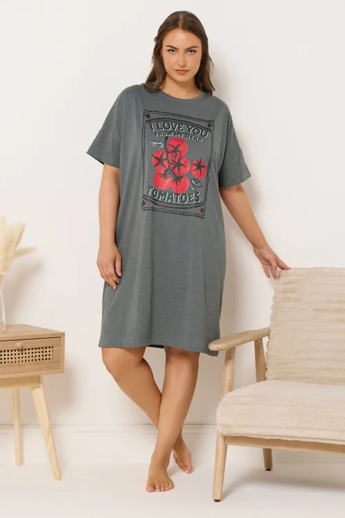 Yours Curve Grey 'I Love You From My Head Tomatoes' Nightdress - Size 14-16 Image 1