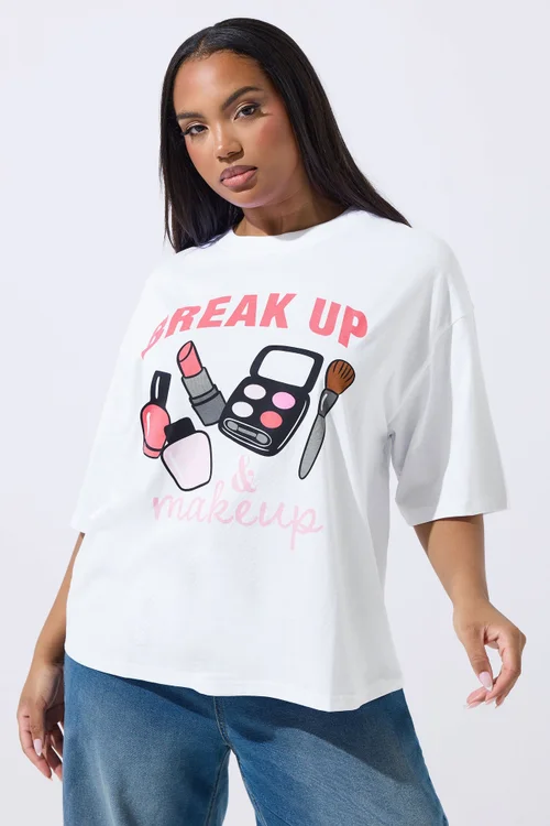 Yours Limited Curve White 'Break Up Makeup' Graphic T-Shirt - Size 30-32 Image 1