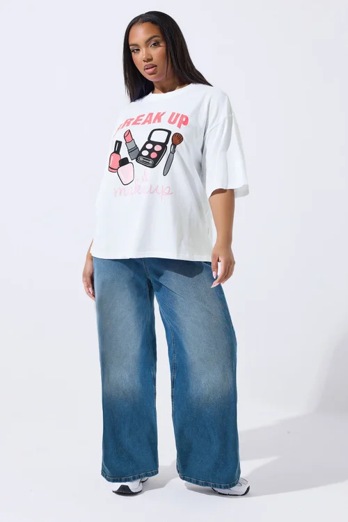 Yours Limited Curve White 'Break Up Makeup' Graphic T-Shirt - Size 30-32 Image 2