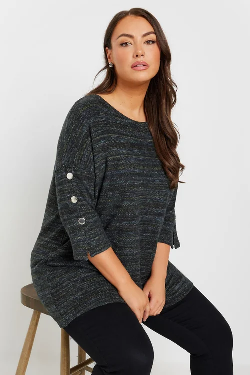 Yours Curve Black Marl Button Sleeve Soft Touch Top - Size 22-24 Image 1
