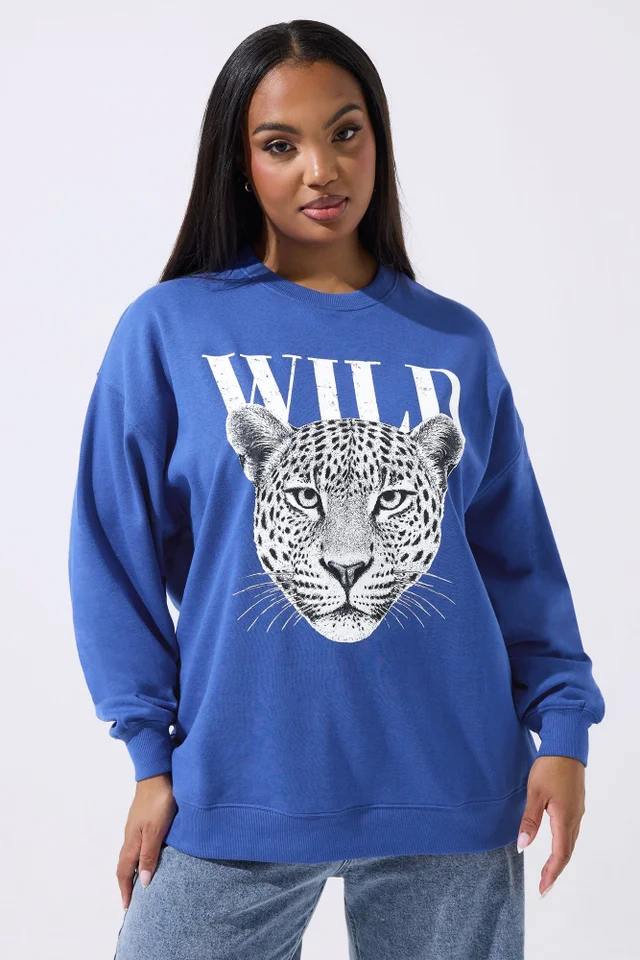 Yours Limited Curve Blue 'Wild' Leopard Graphic Sweatshirt