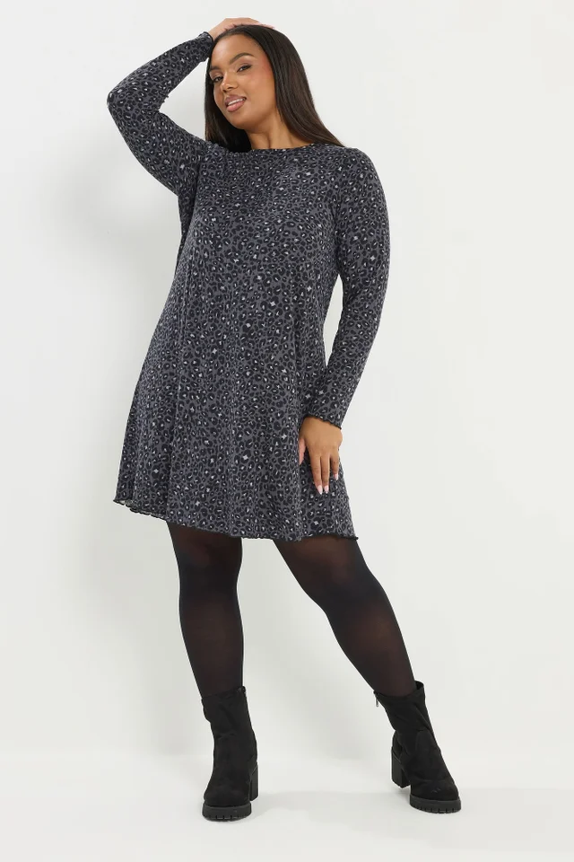 Yours Curve Grey Leopard Print Ribbed Tunic Top