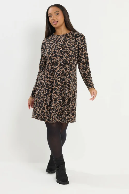Yours Curve Brown Leopard Ribbed Tunic Top - Size 18 Image 1