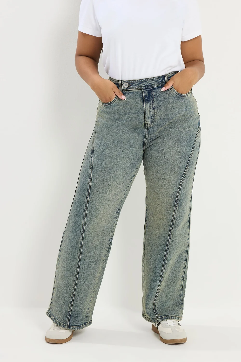 Yours Curve Blue Seam Detail Wide Leg Jeans - Size 26 Image 1