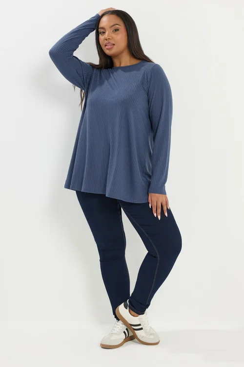 Yours Curve Denim Blue Ribbed Swing T-Shirt - Size 26-28 Image 2