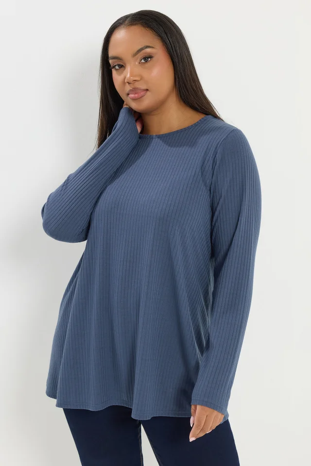 Yours Curve Denim Blue Ribbed Swing T-Shirt