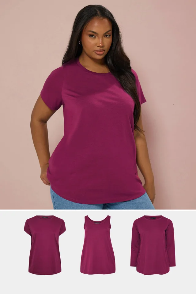 Yours Curve 3 Pack Dark Pink Core T-Shirt Essentials Set