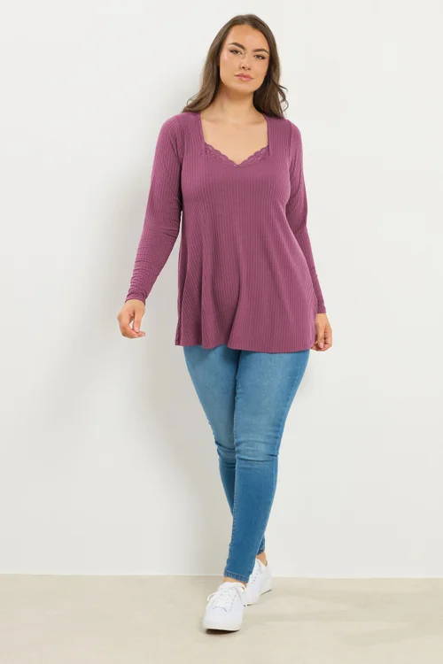 Yours Curve Dusky Pink Lace Insert Ribbed Top - Size 26-28 Image 2