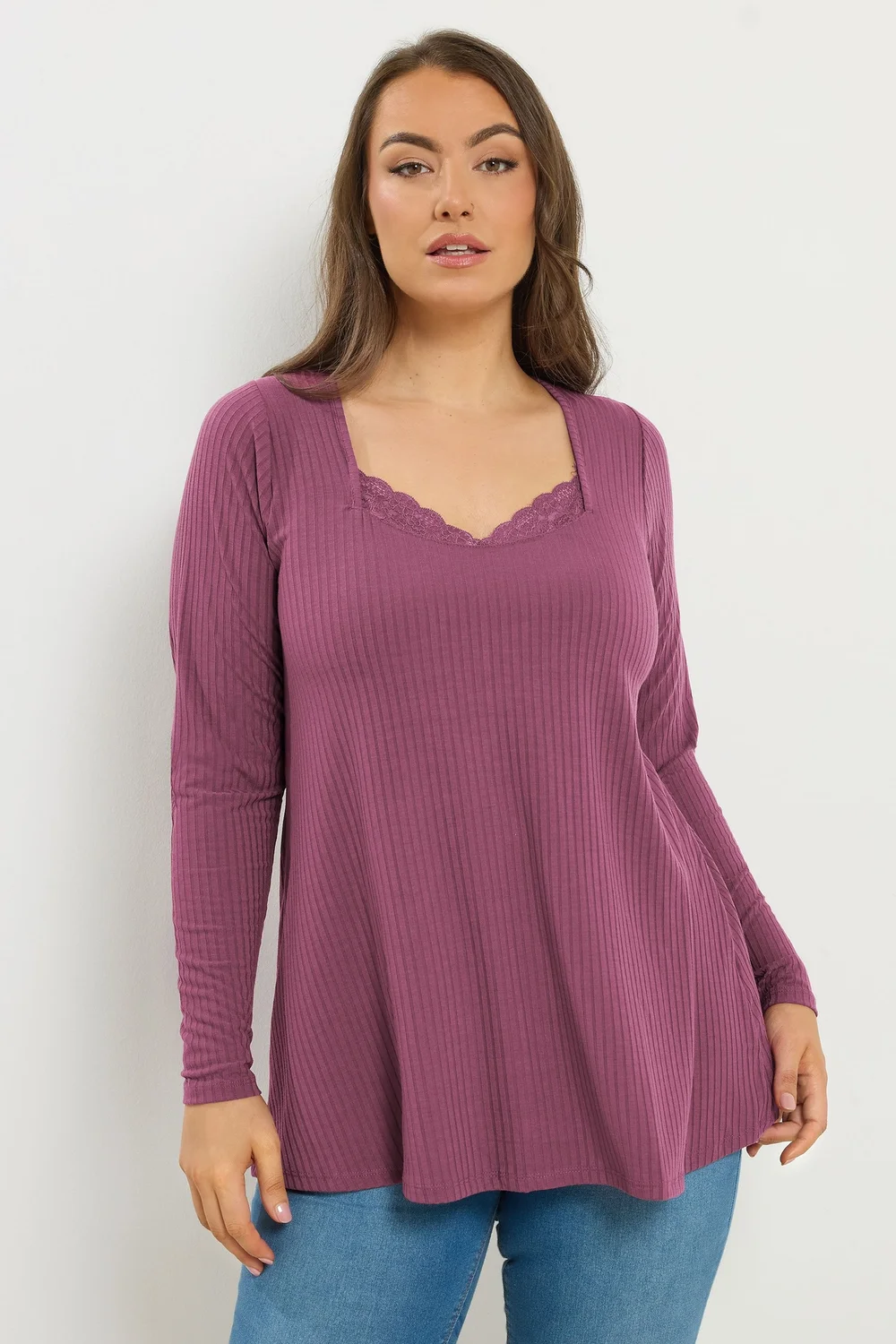 Yours Curve Dusky Pink Lace Insert Ribbed Top - Size 26-28 Image 1