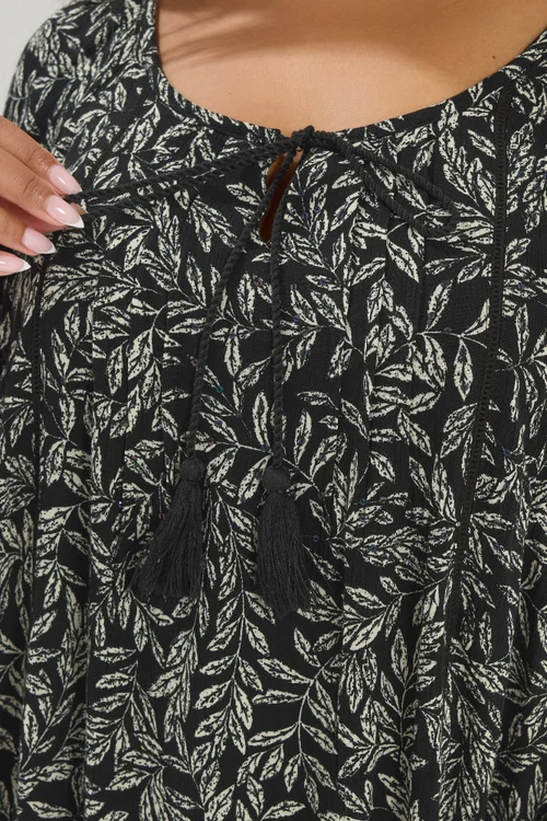 Yours Curve Black Leaf Print Tie Neck Top - Size 18 Image 4