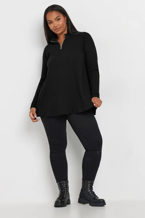Yours Curve Black Ribbed Quarter Zip Top - Size 14 Image 2