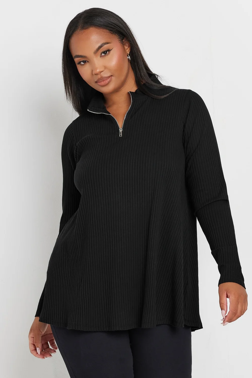 Yours Curve Black Ribbed Quarter Zip Top - Size 14 Image 1