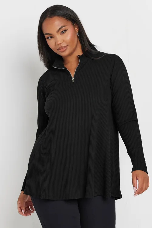 Yours Curve Black Ribbed Quarter Zip Top - Size 14 Image 1