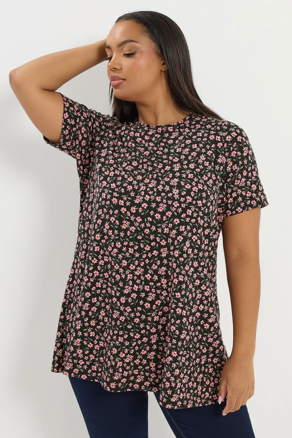 Yours Curve Black Floral Ribbed Swing Top - Size 30-32 Image 1