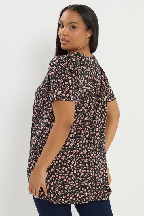 Yours Curve Black Floral Ribbed Swing Top - Size 30-32 Image 3