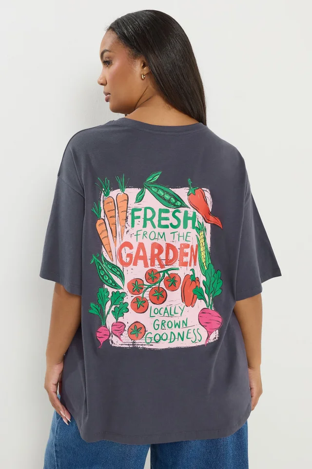 Yours Curve Grey 'Fresh From The Garden' Relaxed T-Shirt