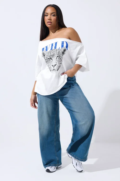 Yours Limited Curve White Leopard Graphic Off Shoulder T-Shirt - Size 20 Image 3