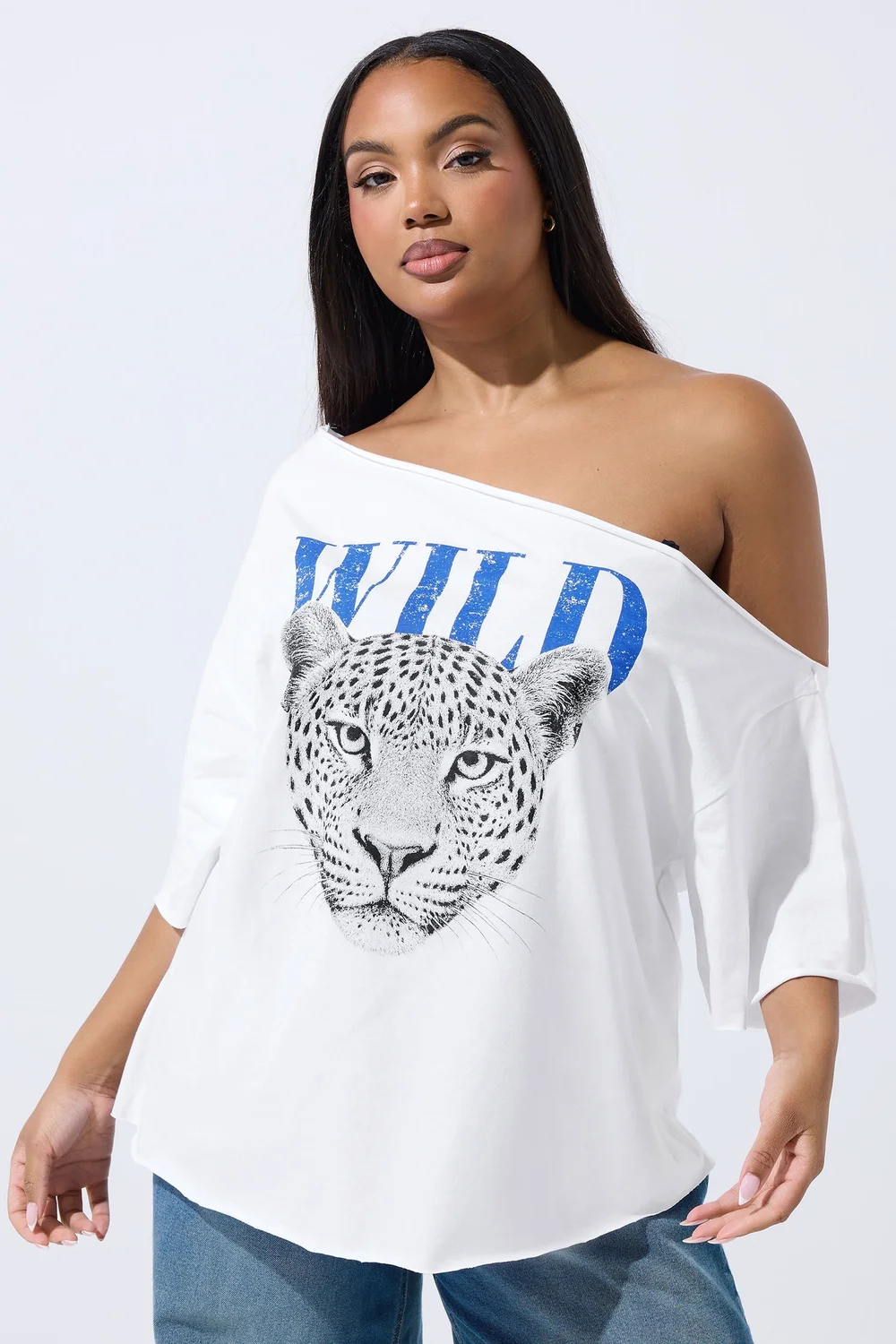 Yours Limited Curve White Leopard Graphic Off Shoulder T-Shirt - Size 20 Image 2