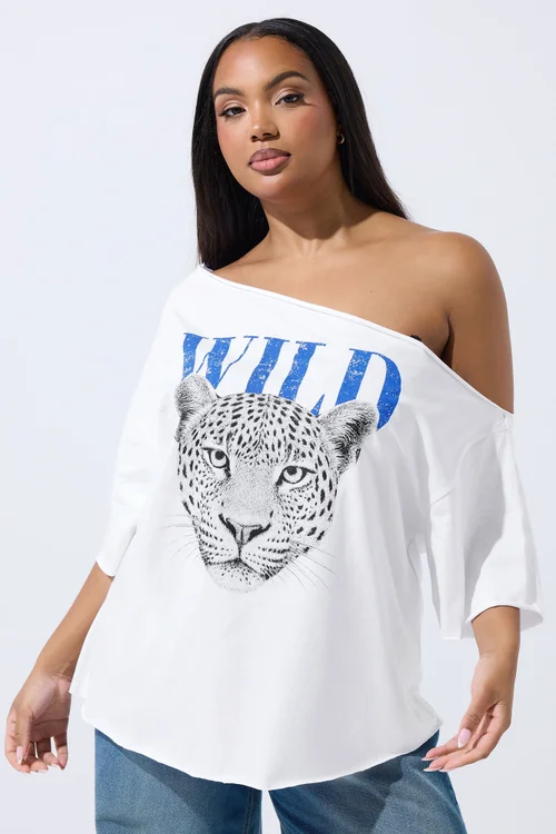 Yours Limited Curve White Leopard Graphic Off Shoulder T-Shirt - Size 20 Image 2